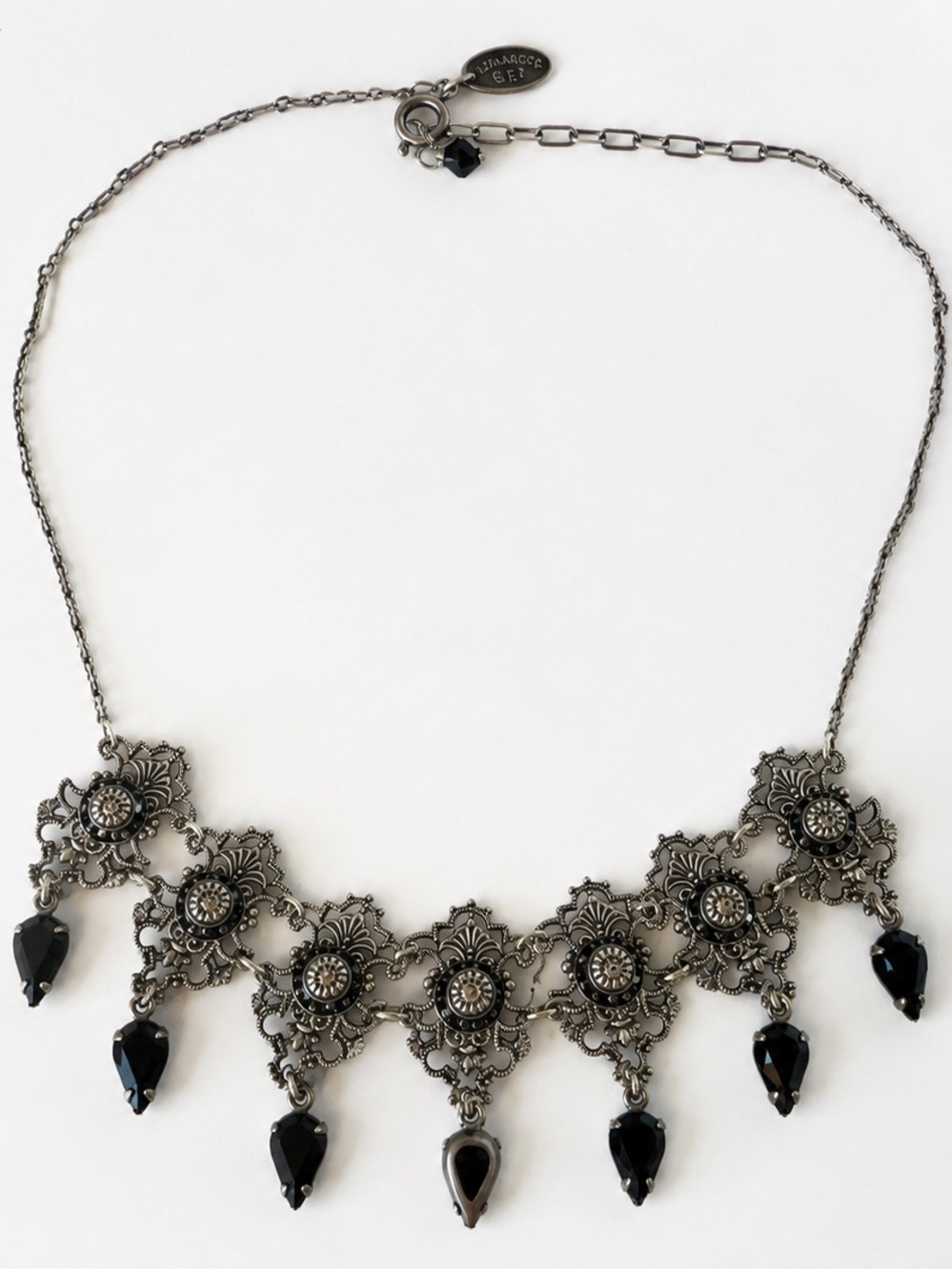Liz Palacios S.F. Black Crystal Filigree Statement Bib Necklace Gothic Victorian